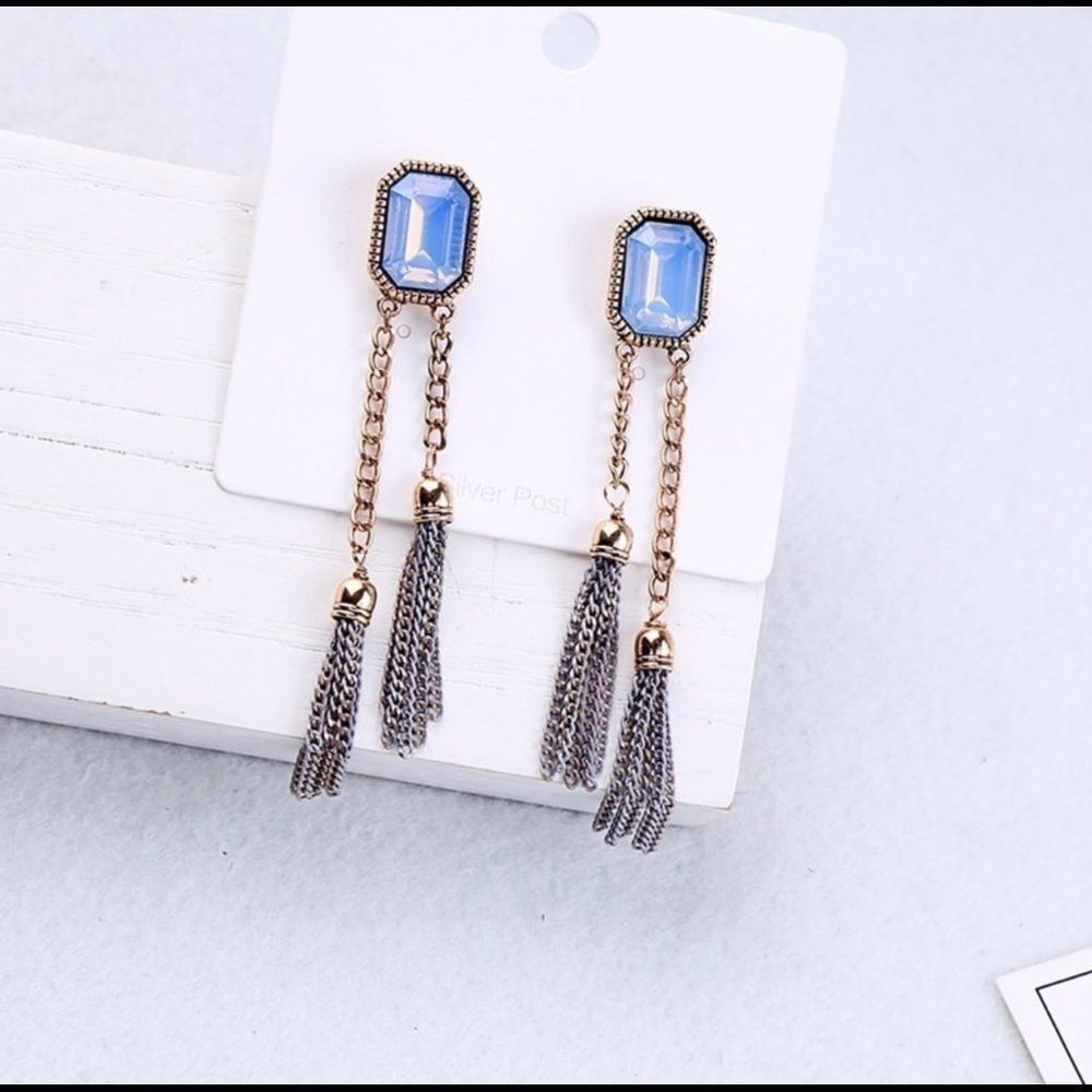Blue Rhinestone Antiqued Dangle Drop Earrings